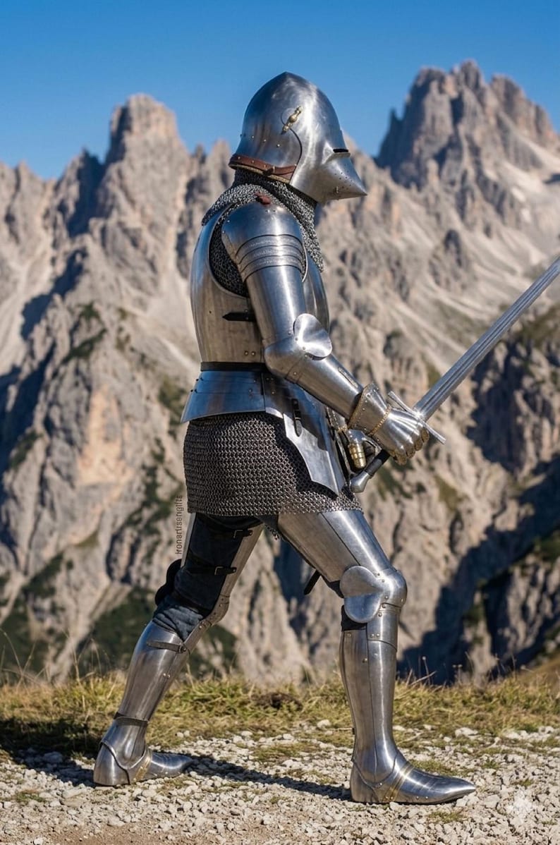 May include: A full suit of medieval armor, including a helmet, chest plate, and leg guards, is worn by a person holding a long sword. The armor is highly polished and reflects the sunlight. The background features a mountain range under a clear blue sky.