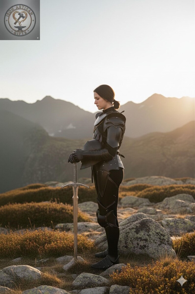 May include: A person in black armor stands on a rocky hillside, holding a long sword. The armor covers the shoulders, arms, and legs. The sword has a detailed hilt and a long, silver blade. The background features mountains and a sunset.