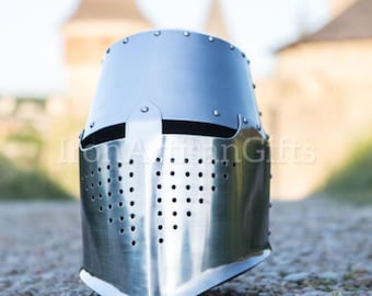 Crusader Great Helm | Medieval Knight Helmet | Templar Helmet with Brass Cross | 18 Gauge Steel Armor | LARP Cosplay Collectible