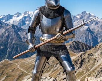 Puede incluir: Una armadura medieval completa, que incluye un casco, cota de malla y armadura de placas, se encuentra en la cima de una montaña rocosa. El caballero sostiene un arma de asta con una cabeza de hacha de doble filo, contra un telón de fondo de montañas y un cielo azul claro.
