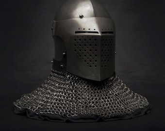 Medieval Bascinet Helmet With Visor Steel Knight Helmet Chainmail Aventail LARP Reenactment Armor Costume Collectible
