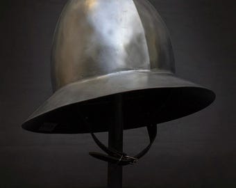 Casco medieval de sombrero de tetera / Casco de cruzado de acero forjado a mano / Casco de guerra europeo del siglo XIV, armadura de LARP para recreación histórica