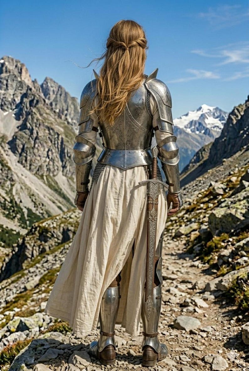 May include: A person wearing full metal armour, a long cream-coloured skirt, and a sword stands on a rocky path in the mountains. The armour is detailed with intricate designs. The background features a clear blue sky and snow-capped mountains.