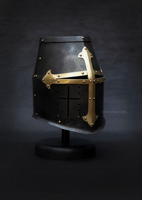 Medieval Templar Great Helm Black Steel Helmet with Brass Cross | Crusader Knight Armor Helmet for LARP, Cosplay & Display