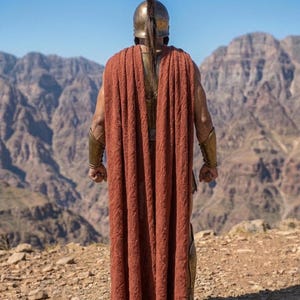 May include: A person wearing a bronze helmet with a tall plume and a rust-colored cape, standing with their back to the viewer. The person is wearing bronze arm and leg armor. Mountains and a blue sky are in the background.