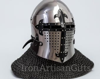 Medieval Crusader Great Helm with Chainmail | Knight Helmet Armor | Handmade Steel Helm for LARP, Reenactment & Cosplay