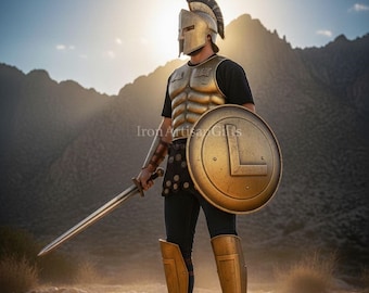Handcrafted Greek Spartan Armor Set — Helmet, Muscle Cuirass (Front And Back), Round Shield, Greaves, Arm Bracers & Leather Hanging Belt