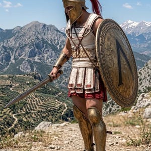 Puede incluir: Un disfraz de guerrero que incluye un casco corintio de bronce metálico con cresta roja, una coraza con correas de cuero, un escudo circular con un símbolo Lambda negro, una espada, grebas de bronce metálico y sandalias de cuero marrón.