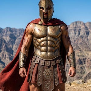 May include: A warrior in bronze armor, helmet, and red cape stands against a mountain backdrop. The armor features a detailed chest plate, arm guards, and a skirt with a lion emblem. The helmet has a tall plume.