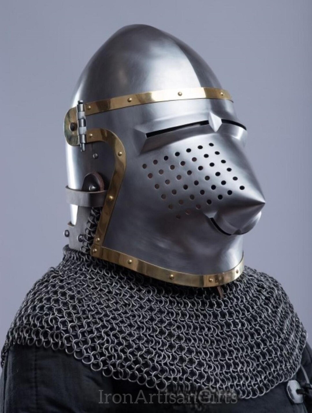Medieval Hounskull Bascinet Helmet With Chainmail Aventail, Knight