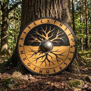 Handgemaakt Viking Yggdrasil-houten schild | Noorse levensboom rond schild met stalen kap en leren rand | Middeleeuws decorcadeau