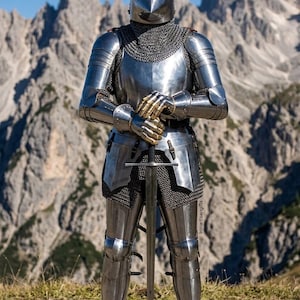 May include: A full suit of polished steel armor, including a helmet, chainmail, and plate armor, stands with a sword in front of a mountain range. The armor has gold-colored gloves and is highly reflective.