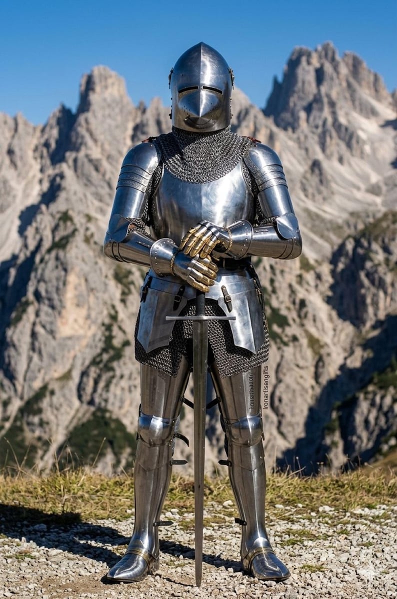 May include: A full suit of polished steel armor, including a helmet, chainmail, and plate armor, stands with a sword in front of a mountain range. The armor has gold-colored gloves and is highly reflective.