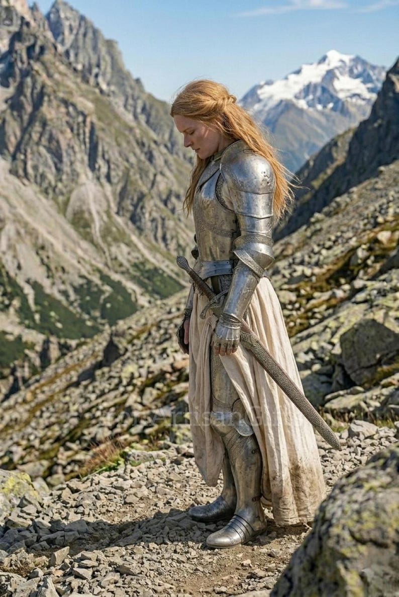May include: A person in silver armour, holding a sword, stands on a rocky mountain path. The armour covers the shoulders, arms, and legs. A long, cream-coloured dress is visible beneath the armour. The background features mountains and a blue sky.