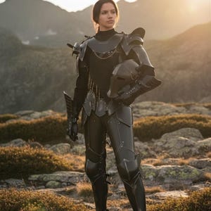 May include: A full suit of black armor, including a helmet, shoulder guards, and leg protection. The armor is worn by a person standing in a mountainous landscape. The armor appears to be made of metal and is highly detailed.