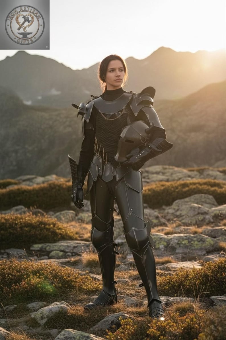 May include: A full suit of black armor, including a helmet, shoulder guards, and leg protection. The armor is worn by a person standing in a mountainous landscape. The armor appears to be made of metal and is highly detailed.