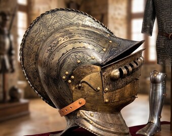 Casco medieval grabado de acero, casco de caballero, casco de cruzado vikingo, armadura renacentista de colección, casco de exhibición para LARP y cosplay.