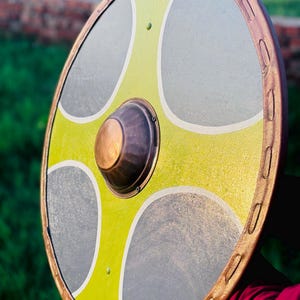 Handmade Viking Wooden Shield | Medieval Norse Round Shield with Yellow Cross Design | Best for Cosplay, Halloween, LARP, Reenactment