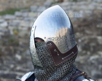 Handcrafted Viking Helmet with Chainmail Aventail: Steel & Brass Norse Armor