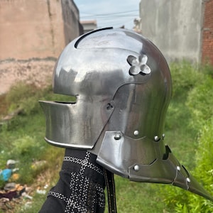 Handmade Medieval Knight Close Helmet – Full Face Steel Armor with Aventail for LARP, Cosplay & Collectors..