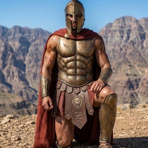 May include: A bronze-colored Spartan warrior in full armor, kneeling on one knee. The armor includes a helmet, chest plate, arm guards, and leg armor. A red cape is draped over the shoulders. The background features a mountain range under a clear blue sky.