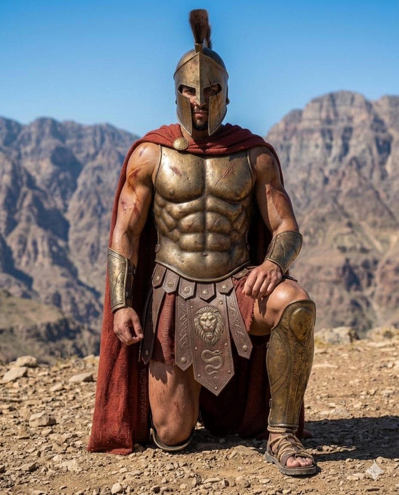 May include: A bronze-colored Spartan warrior in full armor, kneeling on one knee. The armor includes a helmet, chest plate, arm guards, and leg armor. A red cape is draped over the shoulders. The background features a mountain range under a clear blue sky.
