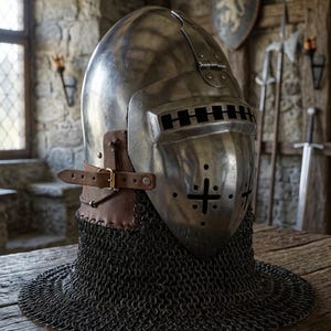 May include: A polished metal knight's helmet with a visor, cross details, and chainmail. The helmet has a leather strap with a buckle. The background shows a stone wall and medieval weaponry, evoking a historical setting.