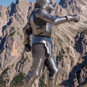 May include: A full suit of medieval armor, crafted from polished metal, worn by a person standing outdoors. The armor includes a helmet, chainmail, and plate armor covering the torso, arms, and legs. The background features a mountain range under a clear blue sky.