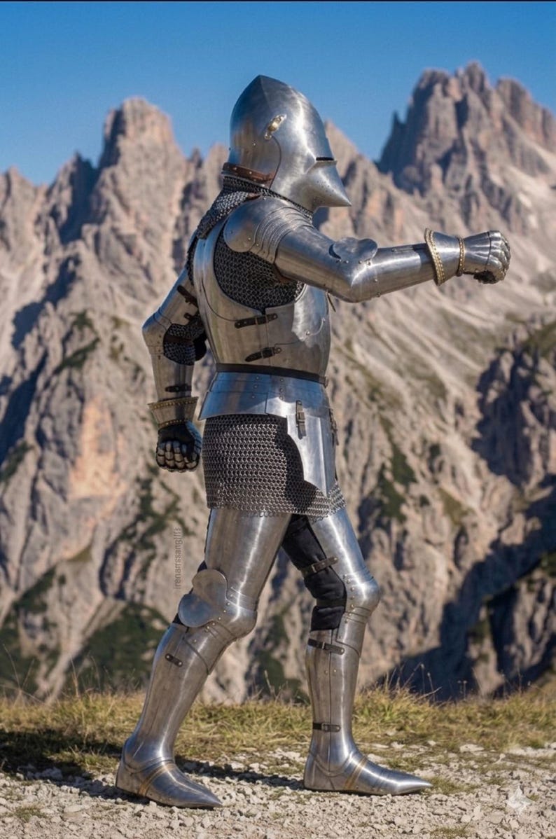 May include: A full suit of medieval armor, crafted from polished metal, worn by a person standing outdoors. The armor includes a helmet, chainmail, and plate armor covering the torso, arms, and legs. The background features a mountain range under a clear blue sky.