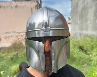 Handmade Steel Mandalorian Helmet | Medieval Star Wars Cosplay Armor | Polished Beskar Style Collectible Prop.