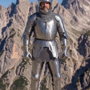 May include: A full suit of polished steel armor, including a helmet, chainmail, and plate armor, worn by a person standing in front of a mountain range. The armor has intricate details and is secured with straps and buckles. The helmet has a visor.