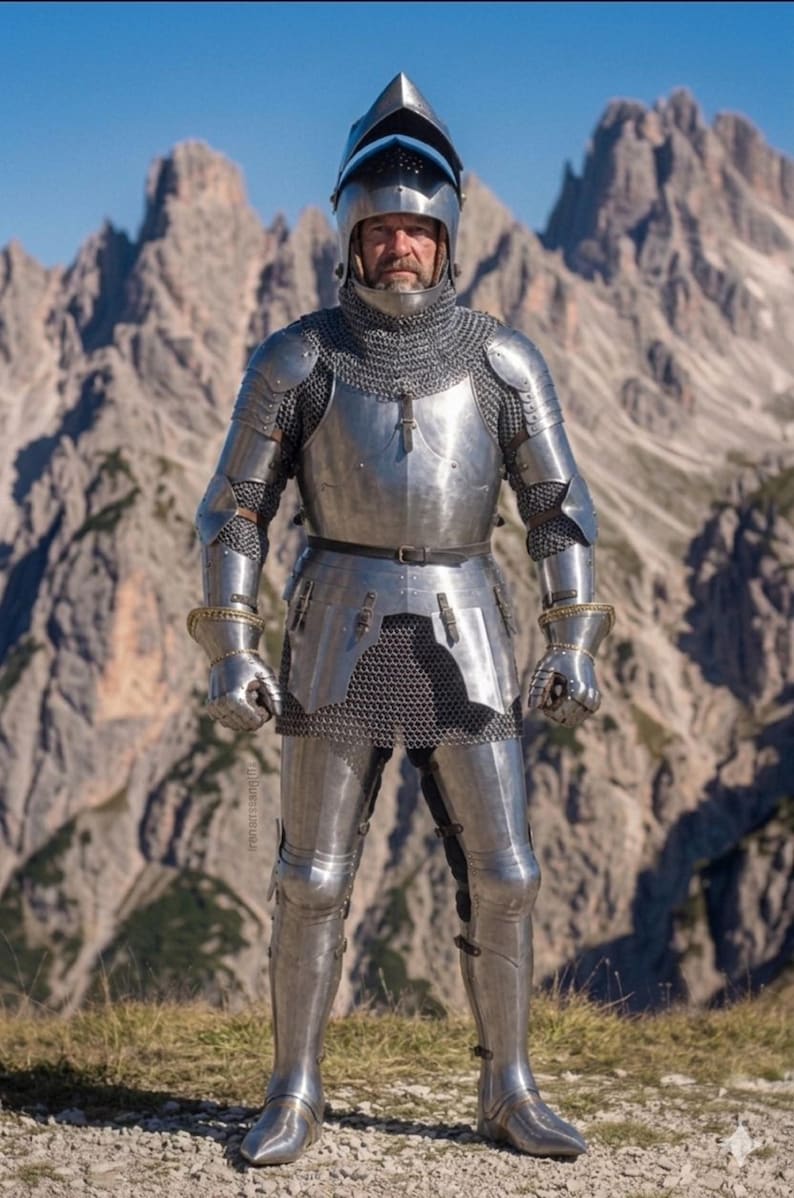 May include: A full suit of polished steel armor, including a helmet, chainmail, and plate armor, worn by a person standing in front of a mountain range. The armor has intricate details and is secured with straps and buckles. The helmet has a visor.