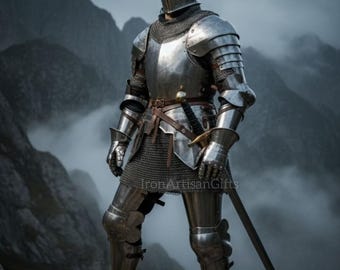 Full Medieval Knight Armor Suit – Handmade Steel Gothic Combat Armor Set with Helmet, Chainmail & Sabatons – LARP Reenactment Costume