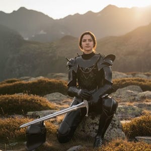 May include: A person in black armor, kneeling on a rock with a sword and helmet. The armor has shoulder guards and a chest plate. The background features mountains and a sunset.