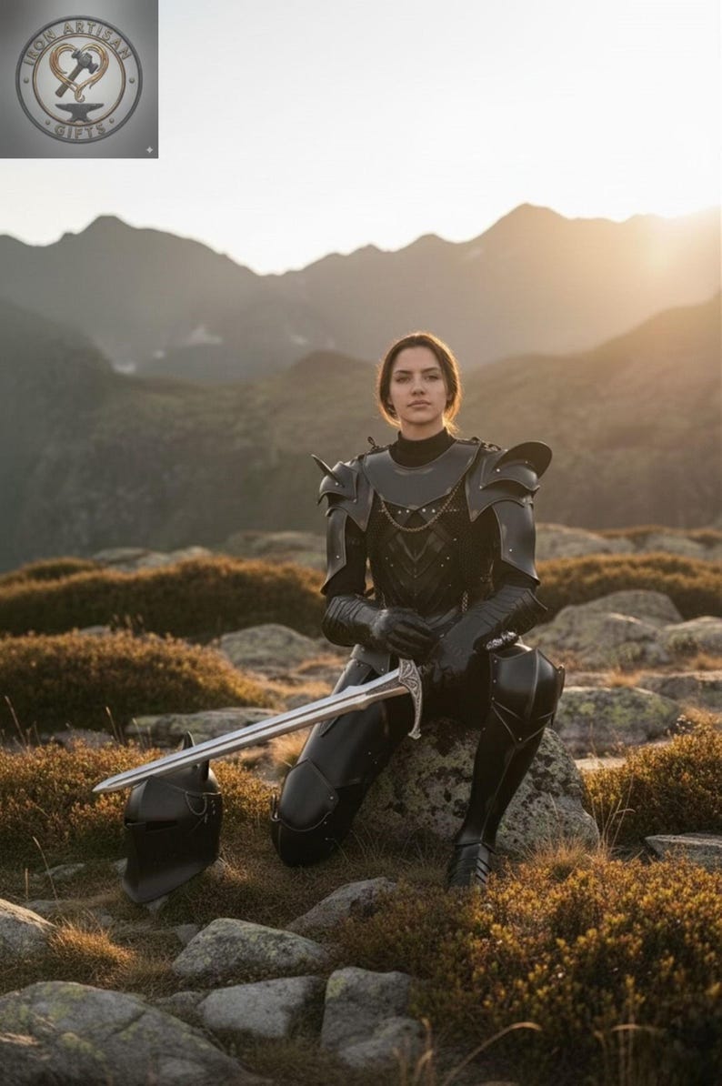 May include: A person in black armor, kneeling on a rock with a sword and helmet. The armor has shoulder guards and a chest plate. The background features mountains and a sunset.