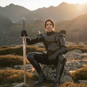 May include: A person in black armor sits on a rock, holding a long sword. The armor includes a breastplate, shoulder guards, and leg protection. The sword has a detailed hilt and a long, silver blade. The background features mountains and a sunset.