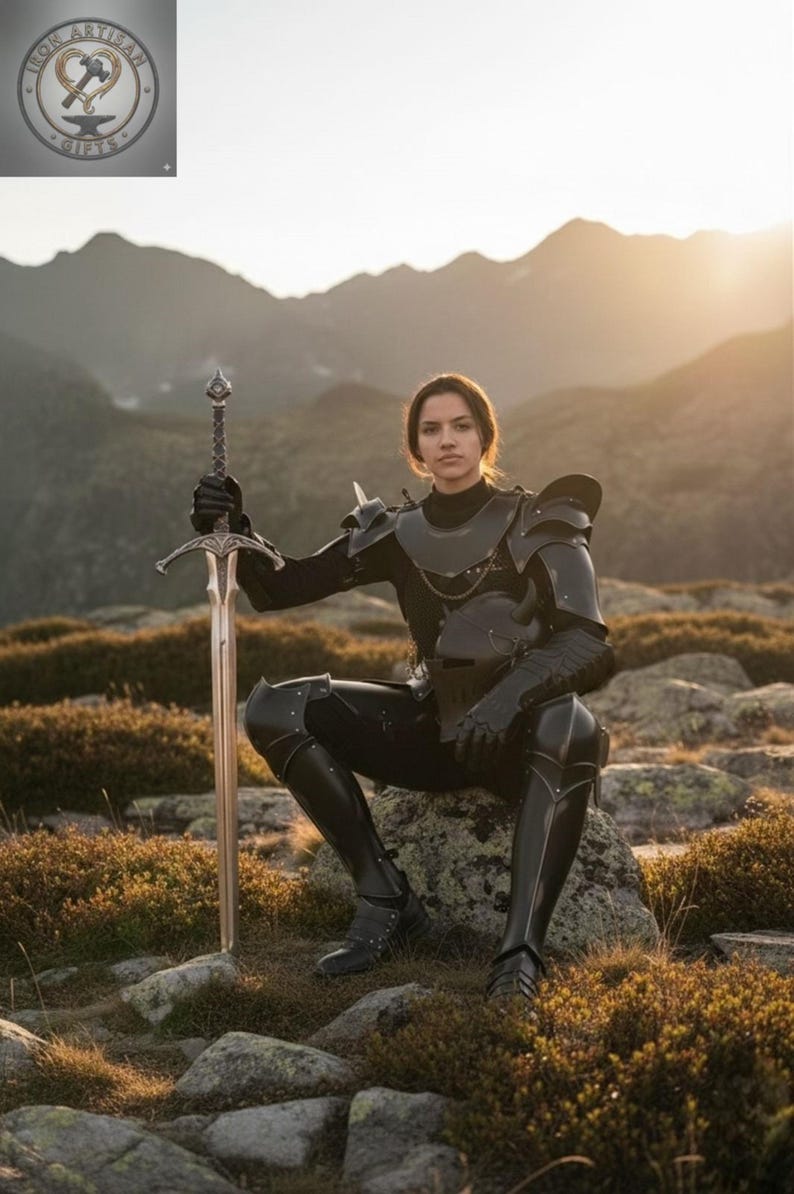 May include: A person in black armor sits on a rock, holding a long sword. The armor includes a breastplate, shoulder guards, and leg protection. The sword has a detailed hilt and a long, silver blade. The background features mountains and a sunset.