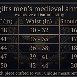 May include: A medieval armor size chart from ironartisangifts. The chart includes chest, waist, shoulder width, and height measurements in inches for sizes S to XXL. The text reads "exclusive artisanal sizing".