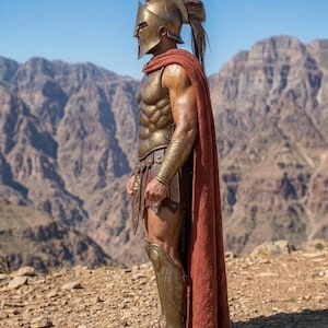 May include: A warrior in bronze armor, complete with a helmet, shoulder pads, and greaves, stands in profile against a mountainous backdrop. A red cape drapes over the warrior's shoulders. The armor has intricate detailing, and the warrior wears sandals.