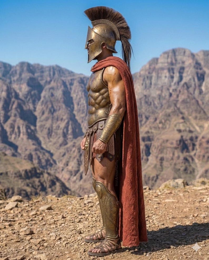 May include: A warrior in bronze armor, complete with a helmet, shoulder pads, and greaves, stands in profile against a mountainous backdrop. A red cape drapes over the warrior's shoulders. The armor has intricate detailing, and the warrior wears sandals.