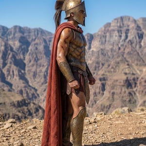 May include: A Spartan warrior in full armor stands against a mountainous backdrop. The warrior wears a bronze helmet, chest armor, and greaves. A red cape drapes over the shoulders. The warrior is wearing sandals.