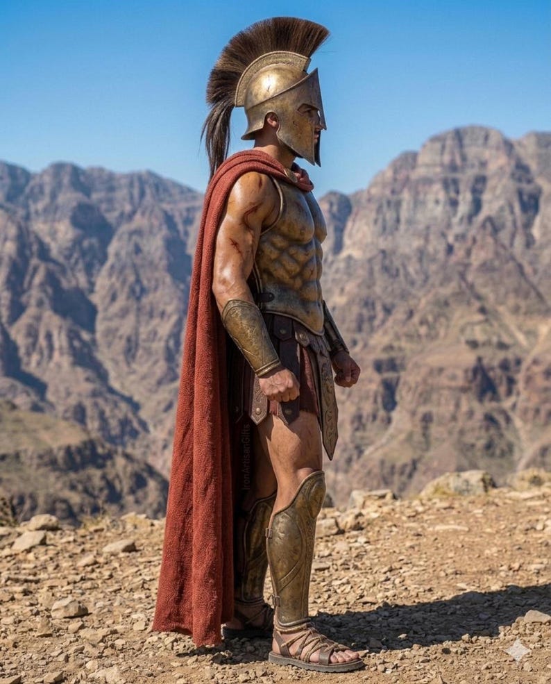 May include: A Spartan warrior in full armor stands against a mountainous backdrop. The warrior wears a bronze helmet, chest armor, and greaves. A red cape drapes over the shoulders. The warrior is wearing sandals.