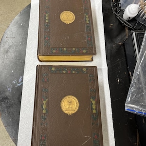 Op de afbeelding: Twee bruine lederen gebonden boeken met gouden accenten en een gouden gegraveerd zegel op de voorzijde. Het zegel toont een gevleugelde figuur die een boek en een fakkel vasthoudt.