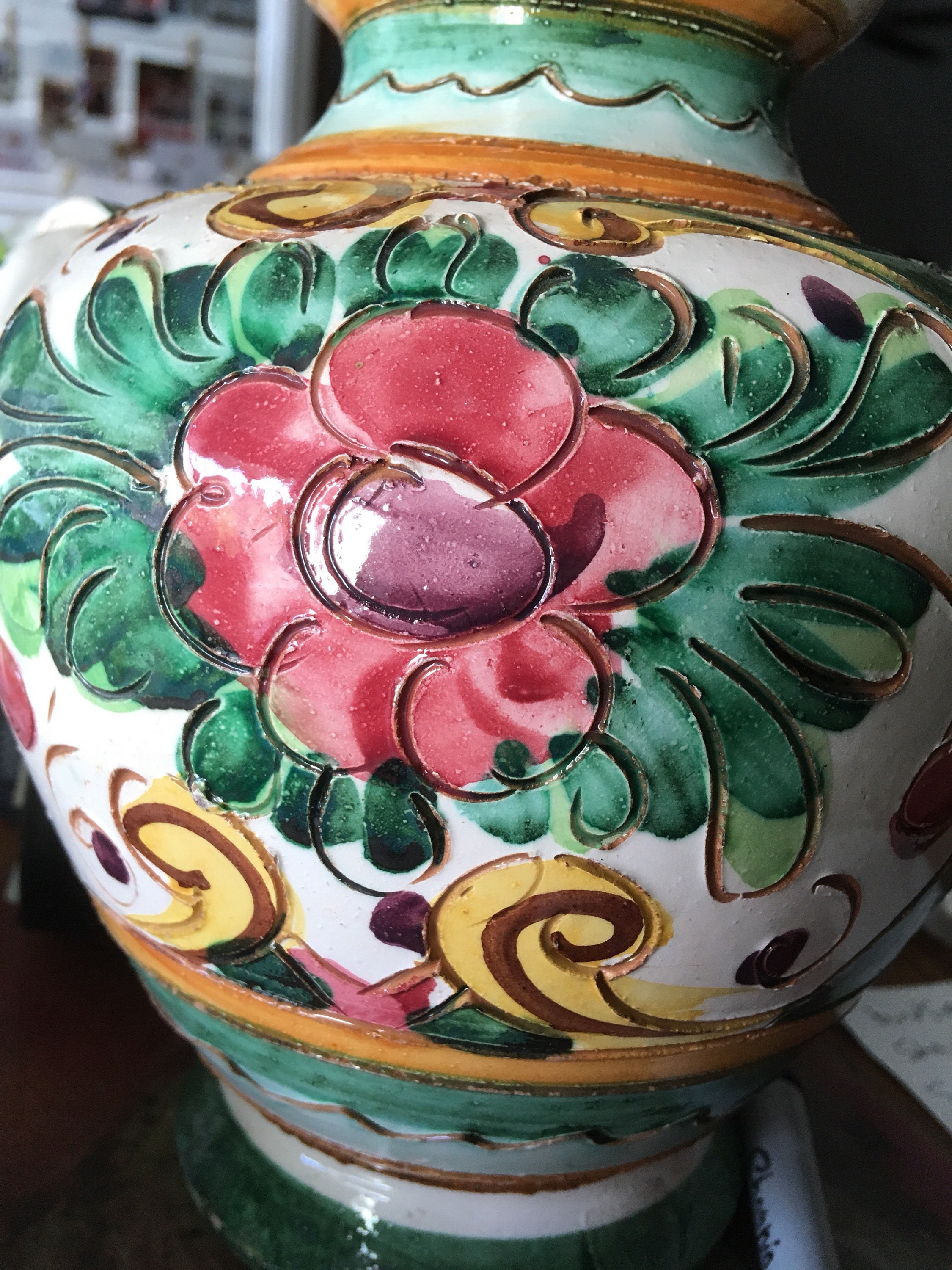 Italian Majolica Terracotta Incised Urn Vase Flowers Italy 172