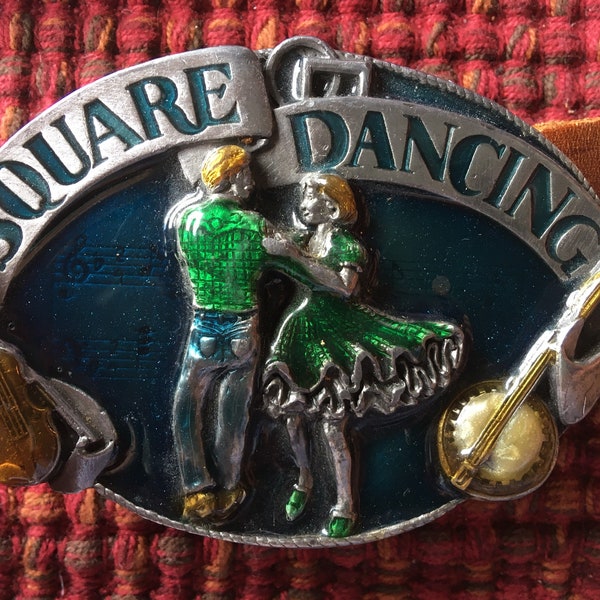 Square dancing 1985 Siskiyou belt buckle Williams Oregon G – 30+40 inch pre-owned 100% leather belt with braid pattern hand punched