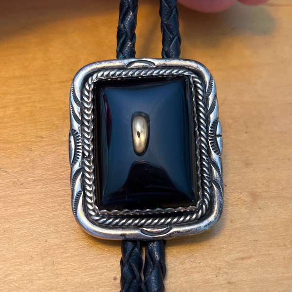 Bolo tie Navajo vintage marked sterling Platerofne   Onyx Sterling tips