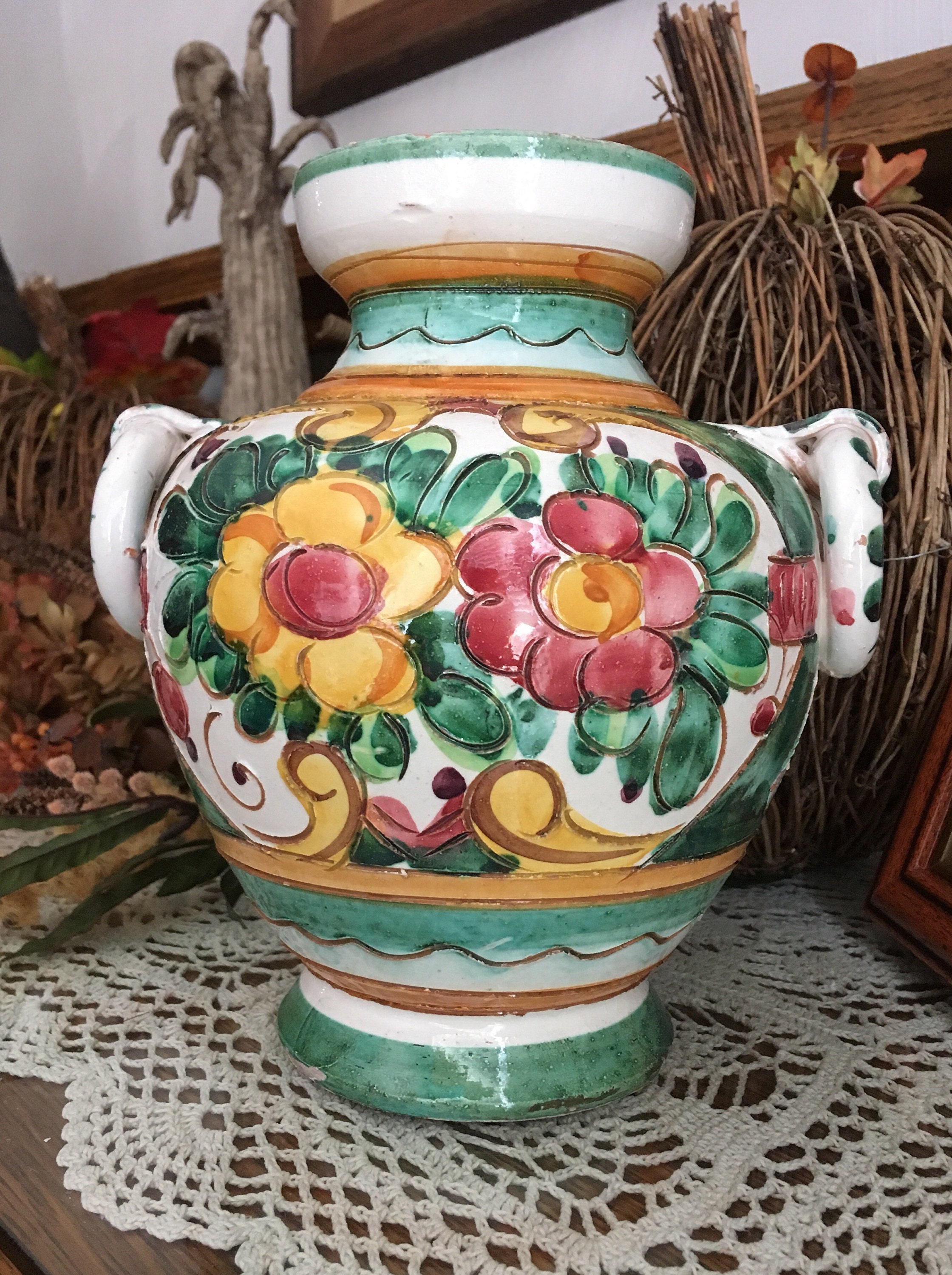 イタリア製 花柄大花瓶 Made in Italy Italian Majolica Terracotta Incised Urn Vase Flowers Italy 172