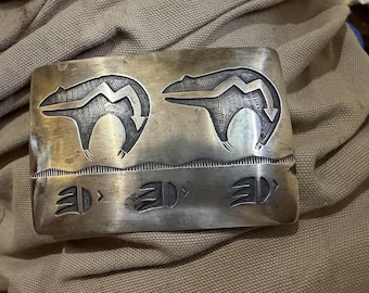 Richard Thomas riemgesp met sterling zilveren overlay, gemerkt T, Navajo Hopi stijl, vintage met zware patina.