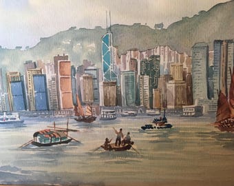 Hong Kong Victoria Harbor vintage signed original watercolor