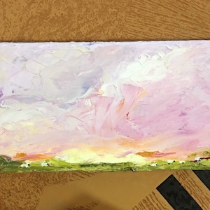 Sheep original oil impasto pallette knife 4” x 12” by Chris Lorenz sheep herd at dawn
